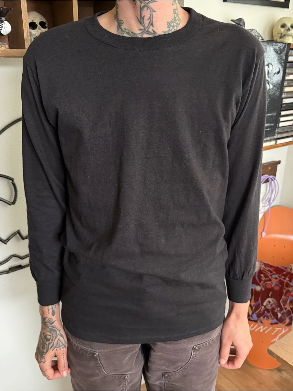 Vintage 70s 80s Deadstock Blank Black Cotton Long Sleeve Tee ~ Size Small - Picture 6 of 10